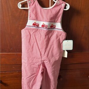 Petit Bebe Red Gingham Firetruck Smocked Kids Overalls